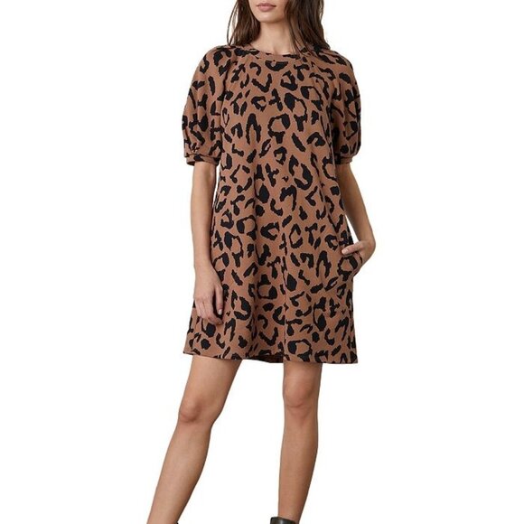 Velvet Leopard Puff Sleeve Mini Dress Size Small - Picture 2 of 10